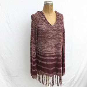 ALTAR’D STATE Womens LARGE Hooded Fringe Fuego Hooded Tunic Sweater Port Plum